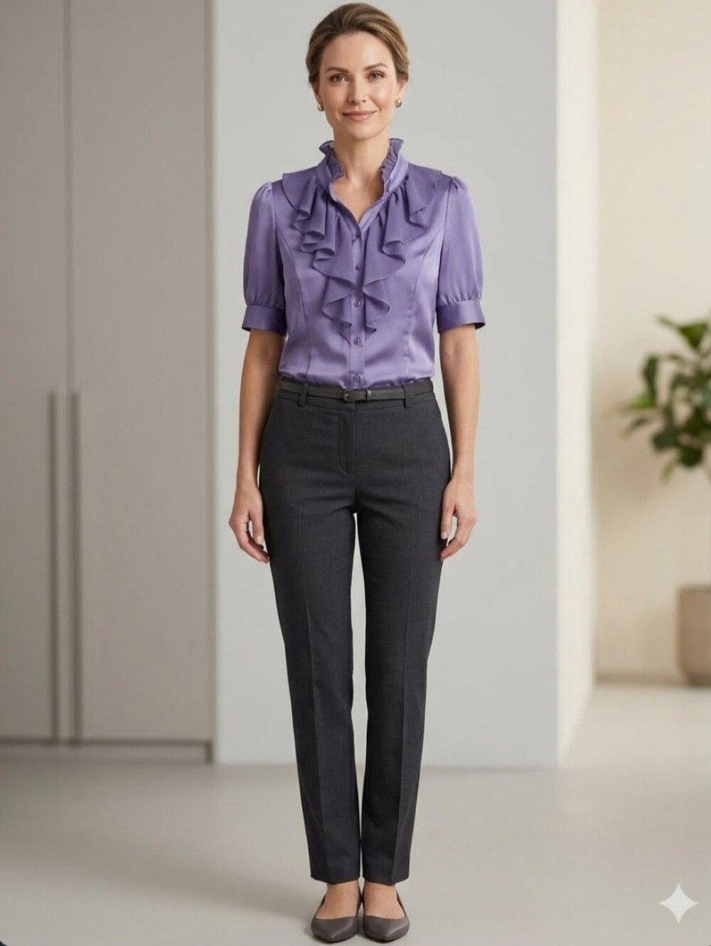 Lapis Lavender Ruffle-Front Short Sleeve Blouse